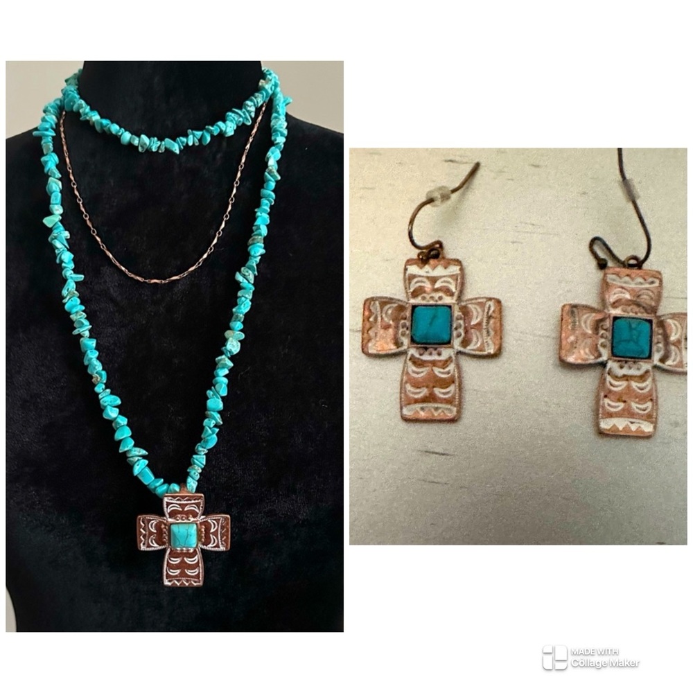 Shyanne Women's Layered Turquoise Rock Cross Necklace & Earring Set Cross